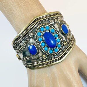 Vintage Afghan Cuff Middle Eastern:  Blue, Bracelet, Silver, Brass, Mixed Metal